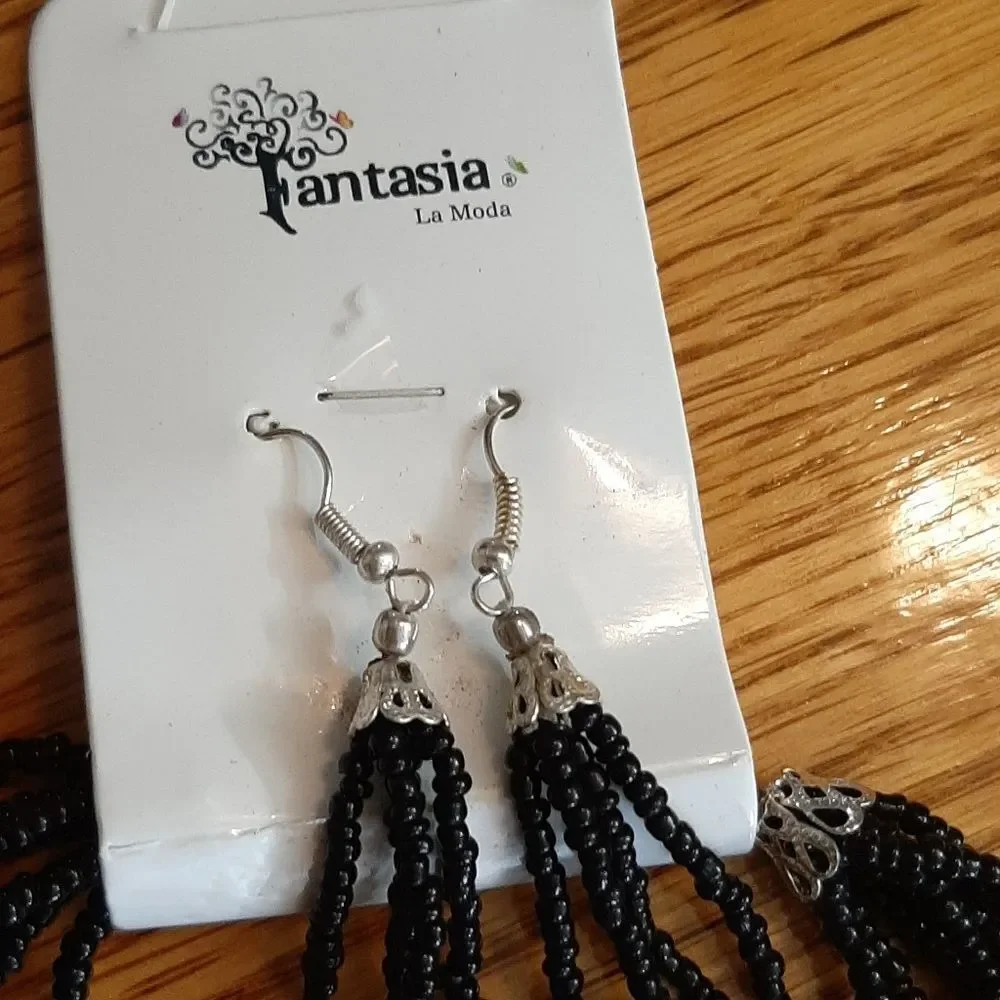 NWT Fantasia Black Beaded Necklace and Earring Set